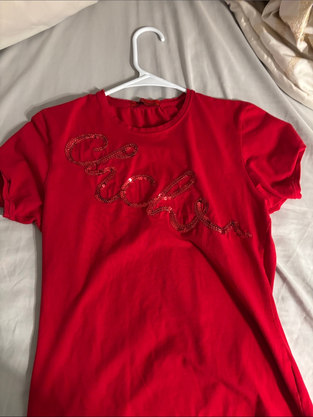 Carolina Herrera Bright Red Short Sleeve Tee with Sequin Script